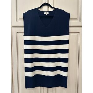 Entro Navy Blue White Striped V-Neck Sweater Sleeveless Dress D22923 Large